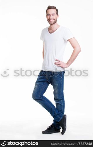 Portrait of smiling happy man in casuals in full growth - isolated on white.&#xA;