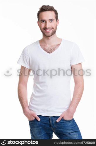 Portrait of smiling happy man in casuals - isolated on white.&#xA;
