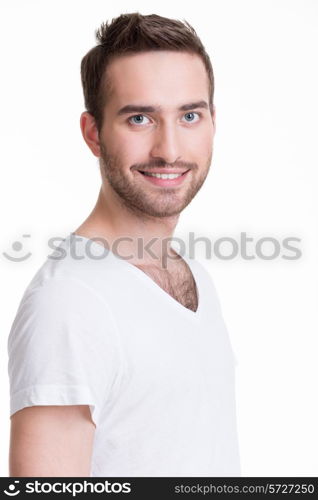 Portrait of smiling happy young man - isolated on white.