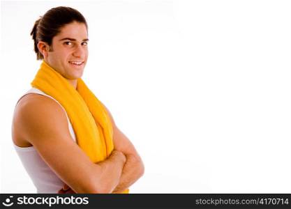 portrait of smiling male with towel with white background