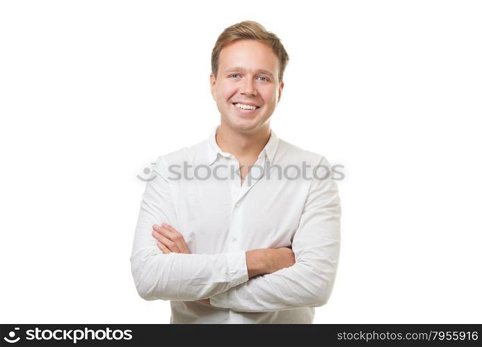 Portrait of smiling man with arms folded on his chest on white studio background.