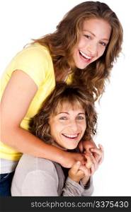 Portrait of smiling matured mum with her daughter isolated over the white background..
