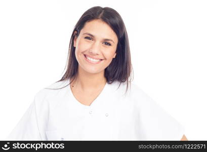 portrait of smiling nurse or brunette doctor in white coat
