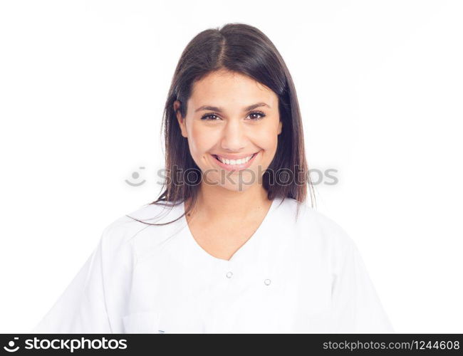 portrait of smiling nurse or brunette doctor in white coat