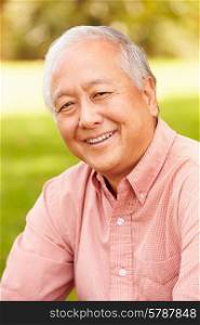 Portrait Of Smiling Senior Asian Man Sitting In Park
