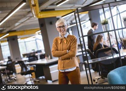 Portrait of smiling senior woman standing outside meeting room with team discussing work in background