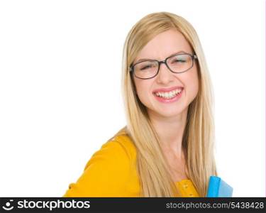 Portrait of smiling student girl in glasses with book