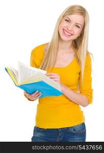 Portrait of smiling student girl with book