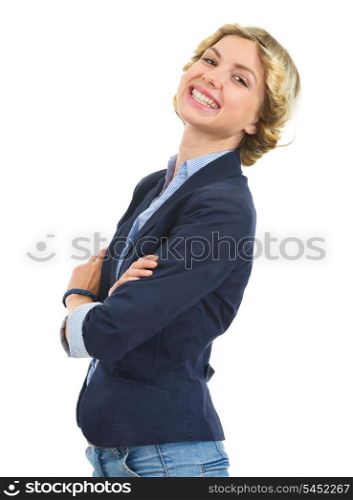 Portrait of smiling teenage girl isolated on white