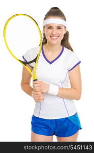 Portrait of smiling tennis player with racket