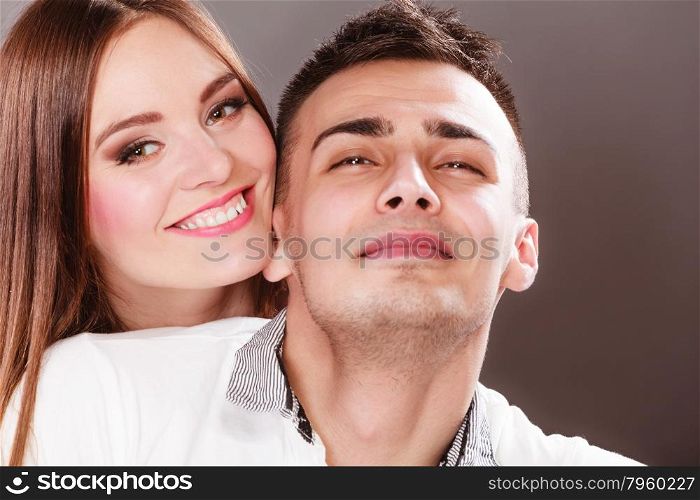 Portrait of smiling woman and man. Happy couple.. Portrait of smiling woman and man posing. Happy joyful couple. Good relationship.