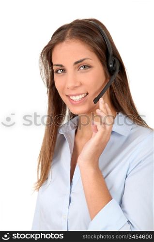 Portrait of smiling woman with headset on