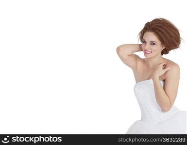 Portrait of smiling young brunette posing over white background