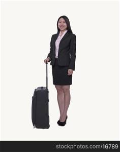 Portrait of smiling young businesswoman holding a suitcase, studio shot