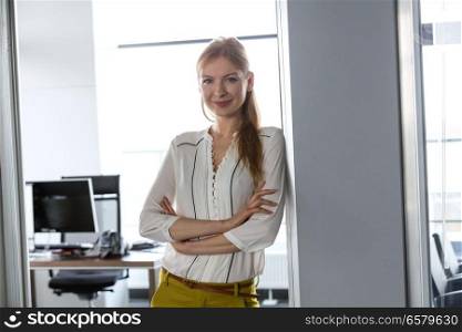 Portrait of smiling young businesswoman with arms crossed in doorway of office