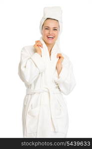 Portrait of smiling young woman in bathrobe