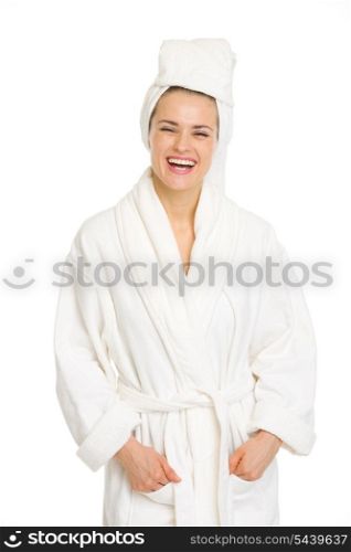 Portrait of smiling young woman in bathrobe