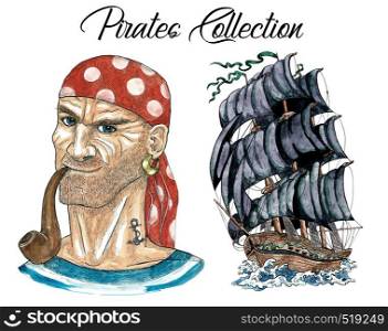 Portrait of smoking seaman and old ship with black sails. Hand drawn watercolor nautical illustration in old vintage style with seaman isolated on white, transportation concept