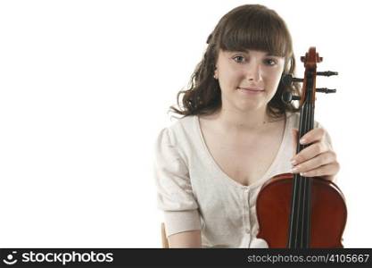portrait of soloist holding her Viola with space for copy