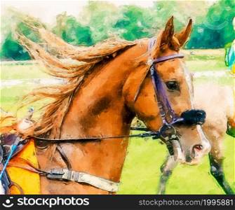 portrait of stunning dressage chestnut budyonny gelding horse in bridle. Painting