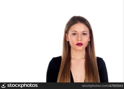 Portrait of stylish girl with long blonde hair and red lips isolated on white background
