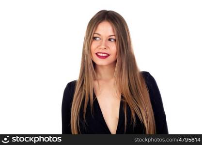 Portrait of stylish girl with long blonde hair and red lips isolated on white background