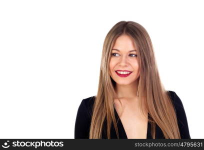 Portrait of stylish girl with long blonde hair and red lips isolated on white background