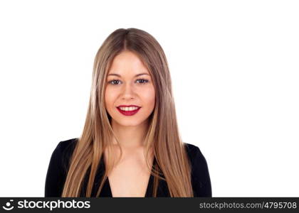 Portrait of stylish girl with long blonde hair and red lips isolated on white background