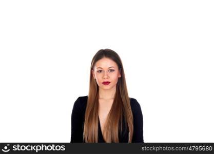 Portrait of stylish girl with red lips isolated on a white background
