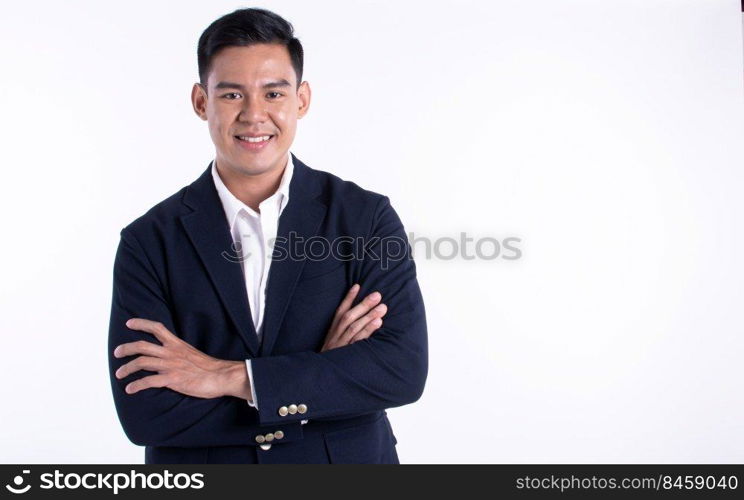 Portrait of successful asian young business man wearing formal suit and shirt, smiling with confidence and standing on white background.