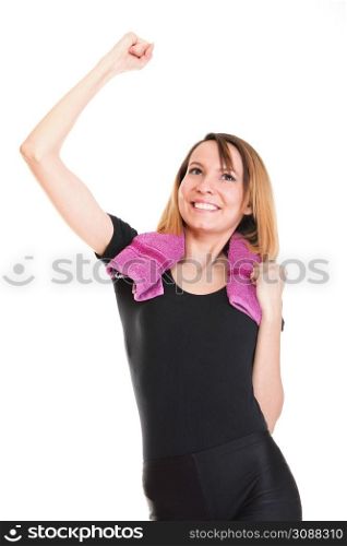 Portrait of successful winner celebrating by dancing. Beautiful young happy woman isolated on white