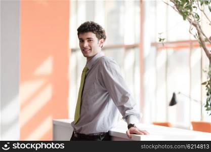 portrait of successful young business man at modern office interior with big windows in background