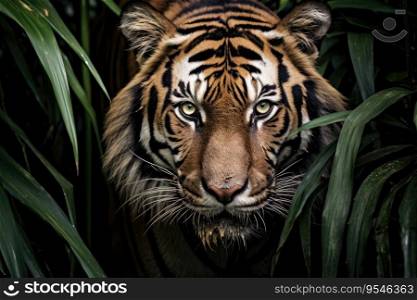 Portrait of Sumatran tiger in a jungle (Panthera tigris sumatrae)