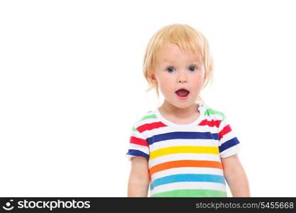 Portrait of surprised baby in swimsuit