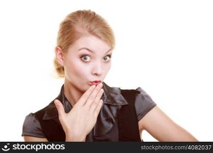 Portrait of surprised businesswoman emotional boss shocked blonde woman covering mouth with hand isolated on white. Gossip.