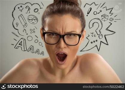 Portrait of surprised woman with sketches of her thoughts around her head