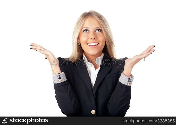 Portrait of surprised young businesswoman over white background