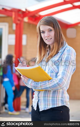 Portrait Of Teacher Standing In Playground With Folder