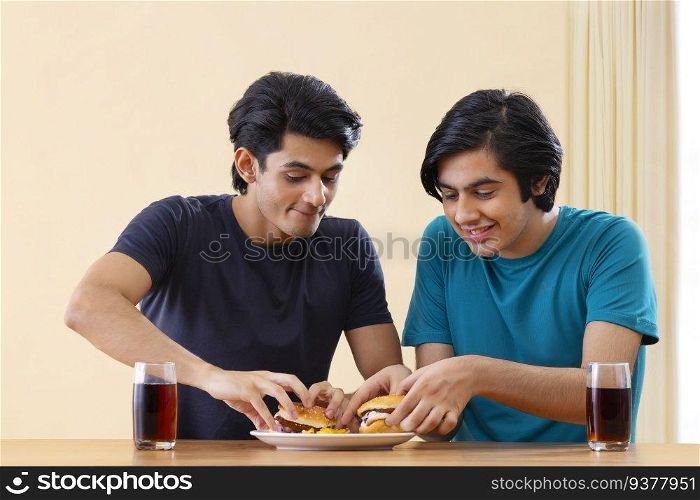 Portrait of teenage boys eating burgers together 