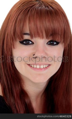 Portrait of teenage girl dressed in black with a piercing isolated on white background