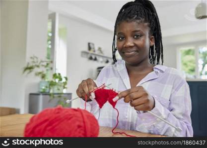 Portrait Of Teenage Girl With Wool Knitting On Table At Home