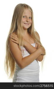 Portrait of the attractive girl of the blonde close up. It is isolated on a white background