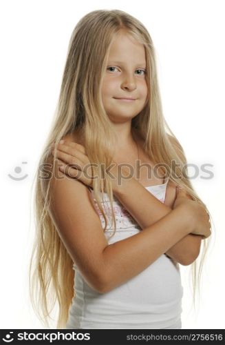 Portrait of the attractive girl of the blonde close up. It is isolated on a white background