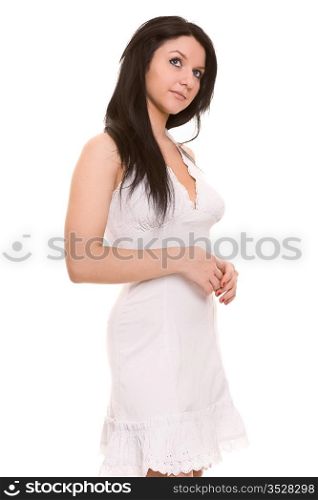 Portrait of the beautiful brunette in a light dress. Isolated on white.