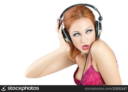 Portrait of the beautiful girl in the ear-phones, isolated