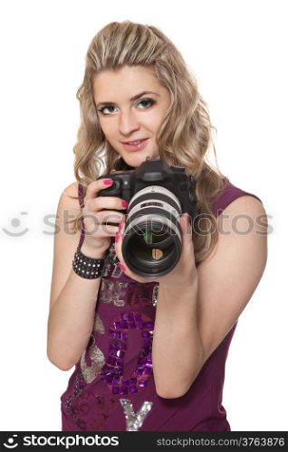 Portrait of the beautiful girl with a photo camera
