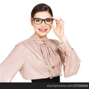 Portrait of the beautiful happy young woman in glasses and beige shirt with black skirt- isolated on white background&#xA;