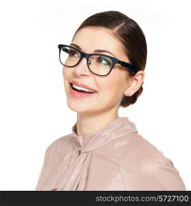 Portrait of the beautiful happy young woman in glasses and beige shirt looking up- isolated on white background&#xA;