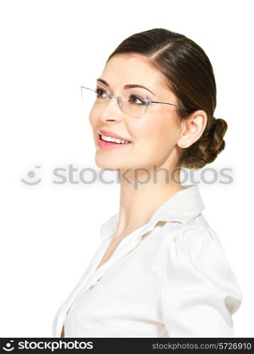 Portrait of the beautiful happy young woman in glasses and white office shirt- isolated on white background&#xA;