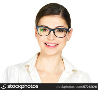 Portrait of the beautiful happy young woman in glasses and white office shirt- isolated on white background&#xA;